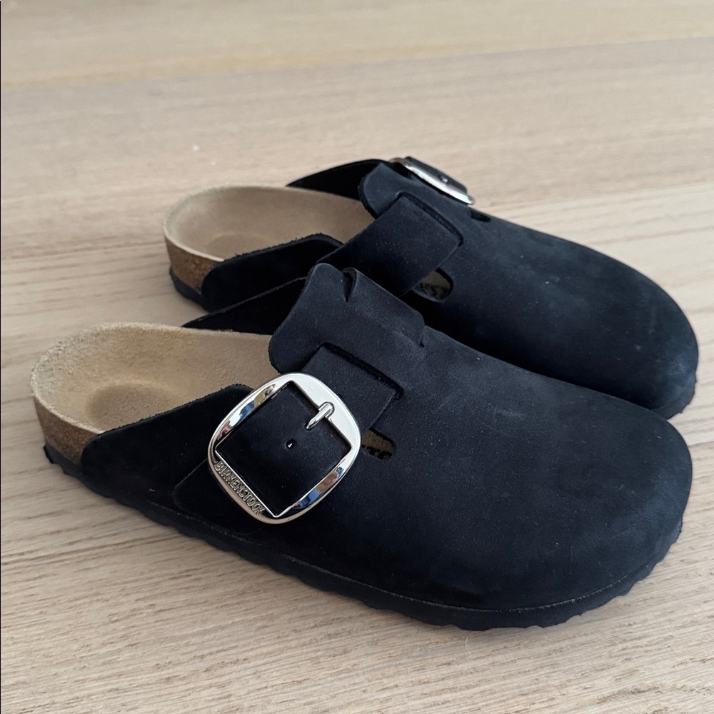 Birkenstock Black Clogs with Silver Buckle